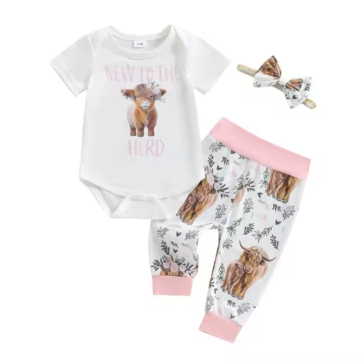 Conjunto de Viste de Verano para Niña Pelele de Manga Corta con Estampado, Pantalones Elásticos de Cintura, Trajes con Diadema y Lazo - 1