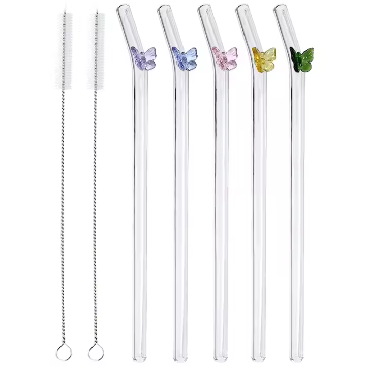 Pajitas de vidrio reutilizables, 5 piezas, mariposa colorida en pajitas transparentes con diseño resistente a roturas, pajitas dobladas para beber - 1
