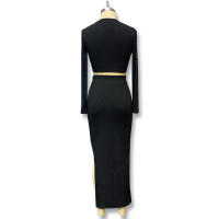 Conjunto de Vestido de Punto de Color Sólido Otoño/Invierno 2025 con Vestido Largo de Manga con Abertura y Conjunto de Dos Piezas de Camiseta. - details 11