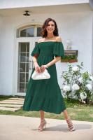 Vestido de manga corta fruncido con cuello cuadrado y espalda descubierta a la moda para mujer - details 26
