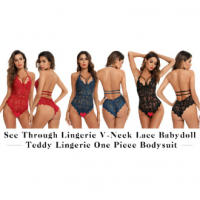Conjunto de sujetador hueco de encaje para mujer，Ropa interior Sexy transparente con volantes，Moldeador de cuerpo Sexy，Pijamas - details 2