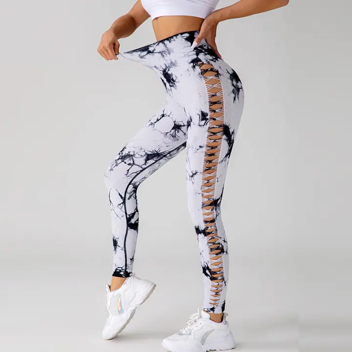 Leggings deportivos de tie dye con abertura escalonada lado inconsútil - 1