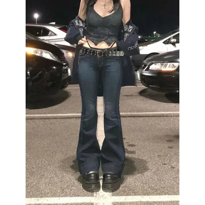 Y2K High Street pantalones vaqueros de tiro bajo azul para mujer pantalones vaqueros con bolsillos Bootcut ropa de calle pantalones vaqueros de cintura baja pantalones de pierna ancha - 1