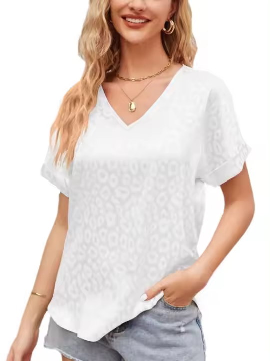 Blusa de manga corta con estampado de leopardo de verano, camisa informal para mujer, tops finos y elegantes con cuello en V para mujer - 1