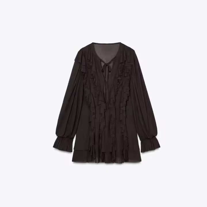Minivestidos elegantes con cuello en V y volantes para mujer, vestido informal holgado con cordones de manga larga para mujer, batas elegantes de calle alta para primavera 2025 - 1