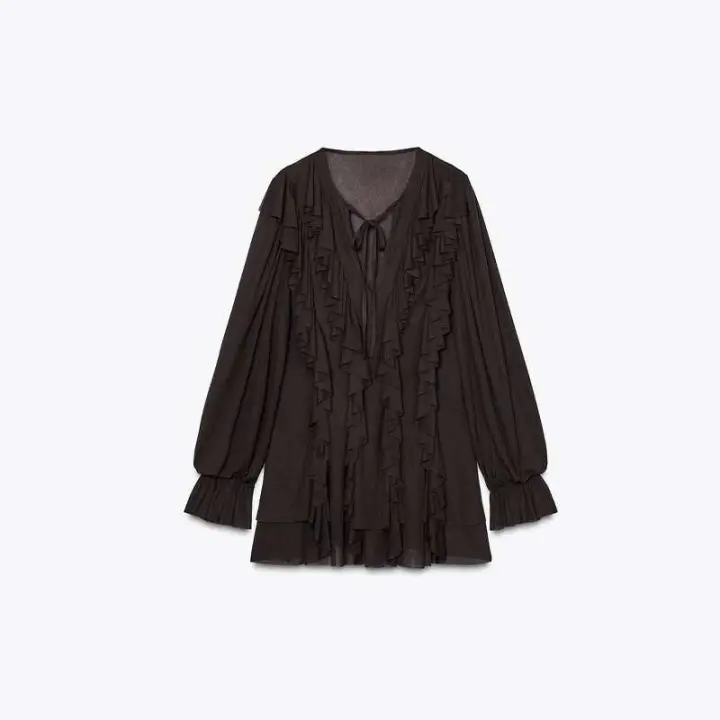 Minivestidos elegantes con cuello en V y volantes para mujer, vestido informal holgado con cordones de manga larga para mujer, batas elegantes de calle alta para primavera 2025 - 1