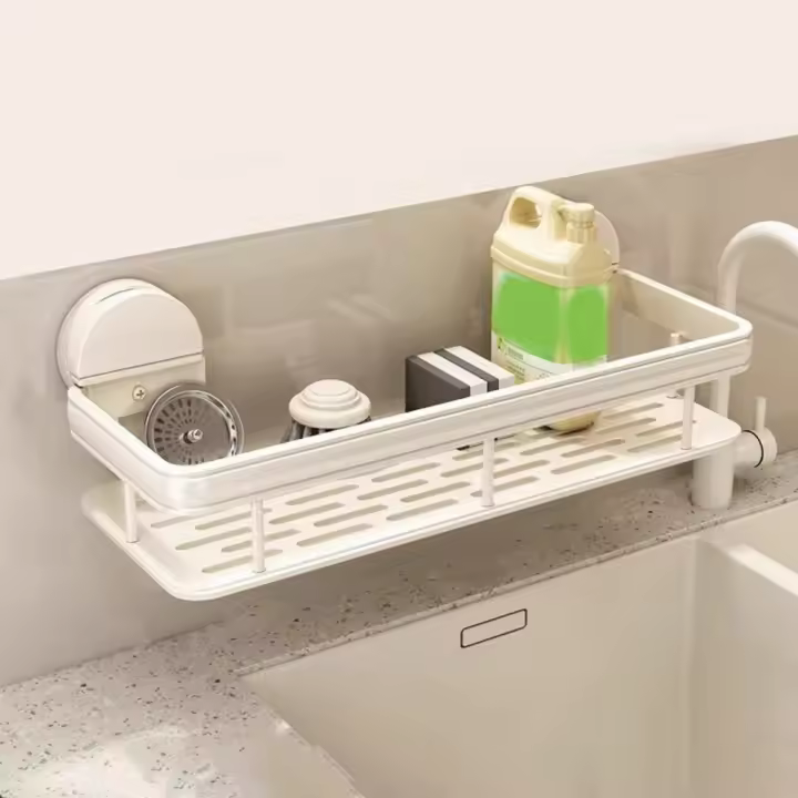 Soporte de esponja para platos con ventosa de aluminio espacial, estante de ducha para botella de champú impermeable sin perforaciones con bandeja de agua montado en la pared - 1