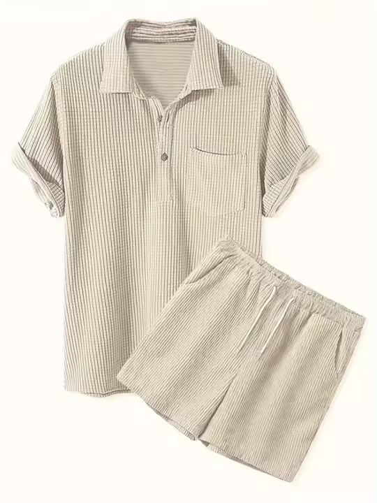 Conjunto de pantalones casuales sueltos de verano 2025 para hombres, manga corta y pantalones cortos de playa. - 1