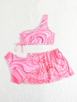 Traje de Baño de Cintura Alta con Hombro Único para Niñas Estampado de Ondas - details 4