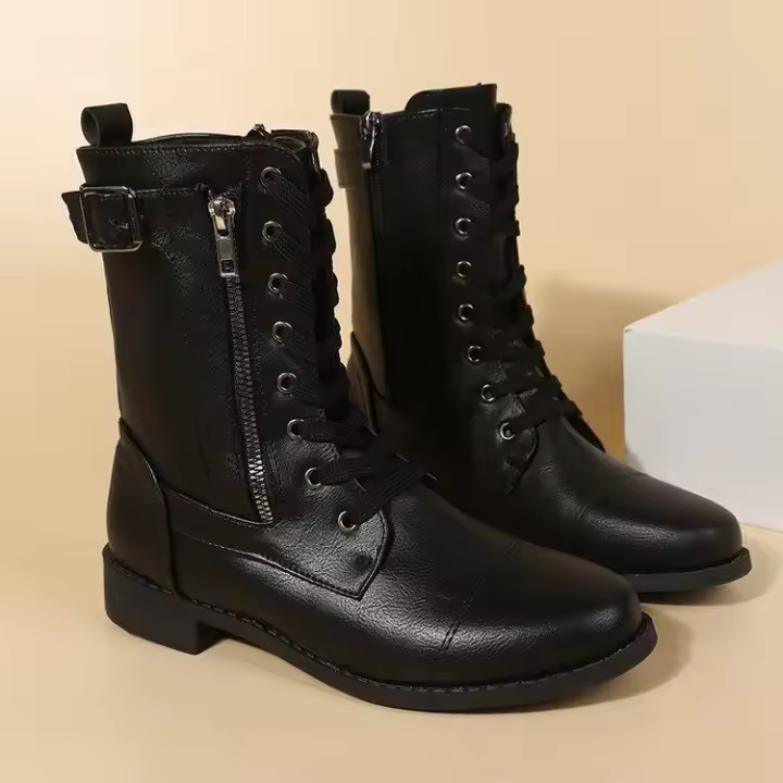 Nuevas botas de mujer con cremallera de tubo bajo de color sólido con correa de tacón grueso - 1
