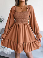 Vestido elegante de manga larga para mujer, falda con cuello cuadrado, vestido con volantes de color sólido, moda de primavera y otoño - details 7