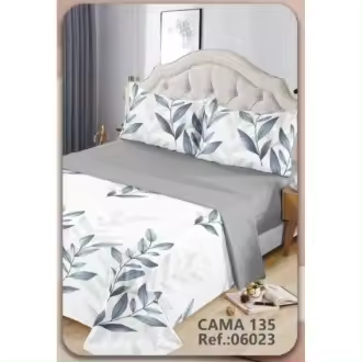 Juego de sábanas 4 piezas cama 135cm/150cm/180cm Estampado hojas grises Color simple - 1