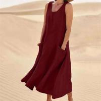 Vestido sin tirantes de lino y algodón para mujer, vestidos de colores lisos con bolsillos laterales dobles, vestido informal de verano - details 12
