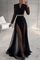 Conjunto de dos piezas de vestido de manga larga con empalme de gasa elástica, estilo europeo y americano, nueva colección primavera-verano 2025, falda de vacaciones INS. - details 1