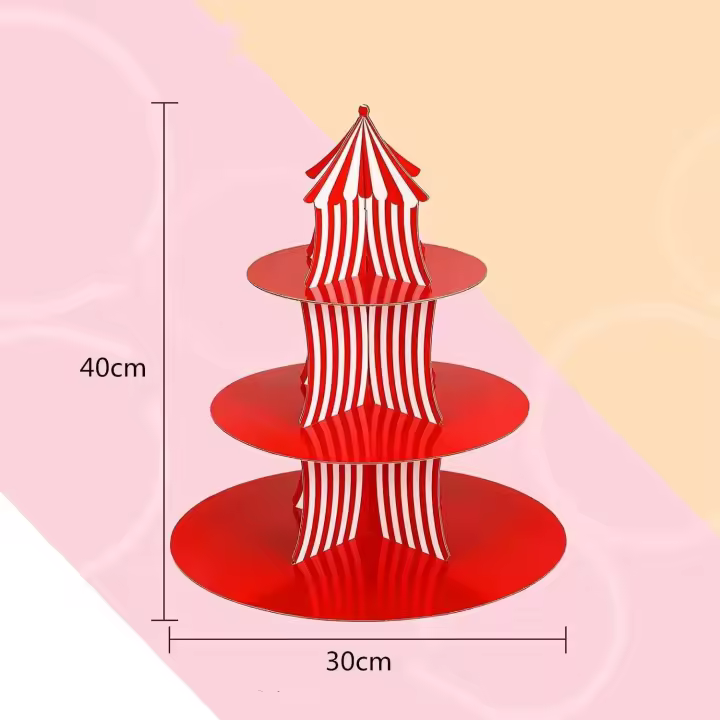 Set de Tray de Navidad de 3 Niveles Decoración de Pastel de Circo Carnaval con Rayas Rojas - 1