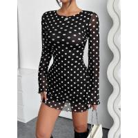 Nuevo vestido elegante de manga larga con espalda descubierta y cuello redondo con estampado de puntos de malla para mujer - details 7