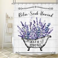 Cortina de Ducha de Lavanda Rústica con Flores Moradas Impermeable de Poliéster para Decoración de Baño y Tazón con Gancho - details 4