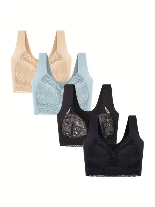 Sujetador Deportivo Sin Aros Con Decoración De Encaje, Sujetadores Con Cuello En V, Transpirables, Cómodos Para Mujer, 4 Uds. - 1