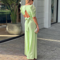 Mono Elegante De Cintura Alta Para Mujer, Cuello En V, Ajustado, Estilo De Oficina, Sólido, Verano - details 6