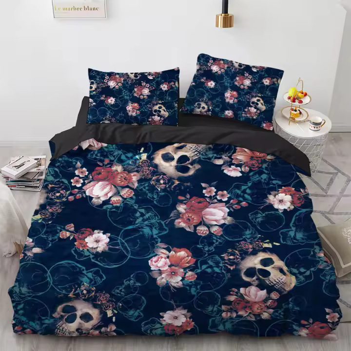 Juego de Cubierta de Edredón de Calavera y Flores Ropa de Cama de Poliéster para Rey, Reina, Tamaño Completo con Funda de Almohada - 1