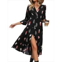 Vestidos de manga larga con estampado de plumas, cuello en V, moda primavera y otoño, nuevo vestido dividido de corte A para mujer - details 5