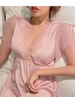 Ropa de dormir Sexy de encaje de seda helada para mujer, camisón de boda rojo de manga corta con cuello en V y almohadilla para el pecho, chino anual de verano - details 21