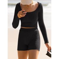 BUNO-Conjunto de ropa de estar por casa para mujer, tops ajustados de manga larga y pantalones cortos de motorista, 2 piezas, verano, 2025 - details 5