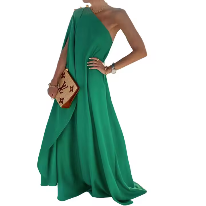 Vestido largo de un hombro para mujer, temperamento de moda, color sólido suelto - 1