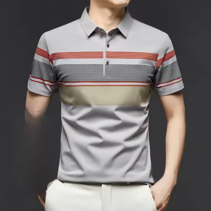 Base de seda helada de manga corta de verano, traje para papá de mediana edad y ancianos, top con cuello, camiseta polo para hombre - 1
