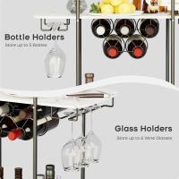 Carrito de servicio de barra de 2 niveles con ruedas, carrito de bebidas móvil con estante para vino y soporte para vidrio, almacenamiento de bebidas rodante con placa de patrón de mármol - details 11