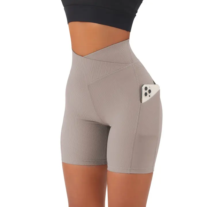 Pantalones cortos de Yoga para mujer, pantalones cortos de motociclista con cintura en V, mallas de Yoga para Fitness, cintura cruzada con bolsillo, pantalones cortos deportivos de Yoga para mujer - 1