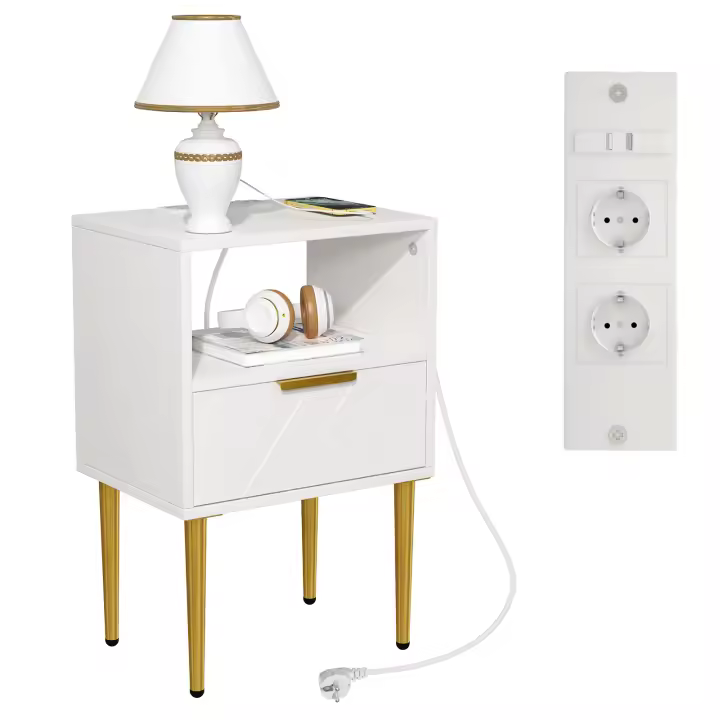 Rcynview  Mesa de Noche Moderna de Madera Resistente a Arañazos 2 Cajones, 2 Enchufes AC, 2 USB - 1