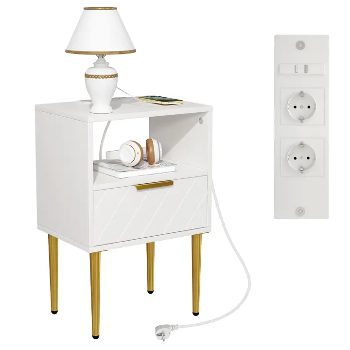 Rcynview  Mesa de Noche Moderna de Madera Resistente a Arañazos 2 Cajones, 2 Enchufes AC, 2 USB - 1
