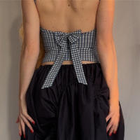 BUNO-Camiseta sin mangas con espalda descubierta y lazo para mujer, ropa de calle informal con estampado a cuadros, Tops cortos sin mangas, corsés ajustados de moda de verano, 2025 - details 5