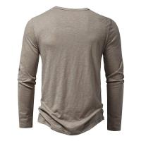 Camisa de cuello Henley de algodón para hombre, camisetas de moda de color sólido con botones informales de manga larga - details 12