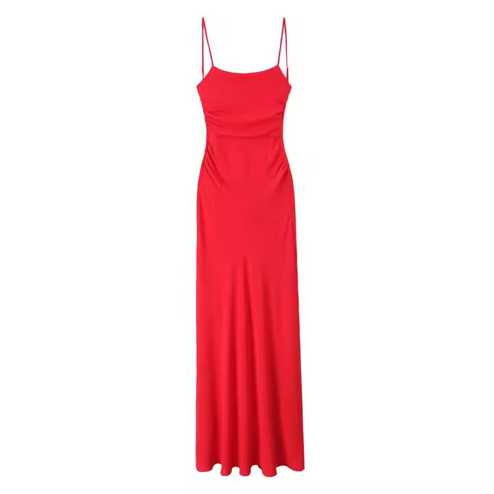 TRAFZA-vestido Midi ajustado con pliegues y cremallera para mujer, prenda sin mangas, Espalda descubierta, Tirantes ajustables, color liso, para fiesta de noche - 1
