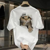 Camiseta gráfica para hombre 100% algodón pesado - Camiseta de manga corta con estampado geométrico y gato juguetón, talla grande, ajuste regular, camiseta informal de verano para adolescentes y adultos jóvenes - details 3