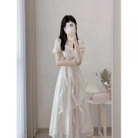 Elegante Vestido Blanco Francés para Mujer Manga Corta, Estilo de Princesa de Hada, Cintura Alta, Moda de Verano - details 0