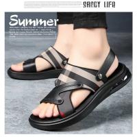 Sandalias de piel auténtica para hombre, chanclas de playa con amortiguación de aire, de diseñador, con hebilla, envueltas en el tobillo, de marca - details 20