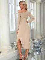 Maxivestido de punto con hombros descubiertos para mujer, vestido elegante de lujo con abertura, Color sólido, Bodycon, manga larga - details 6