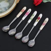 Cuchara de café de cerámica con flores rosas, cuchara de helado de acero inoxidable para cocina y comedor, cucharadita de postre - details 3