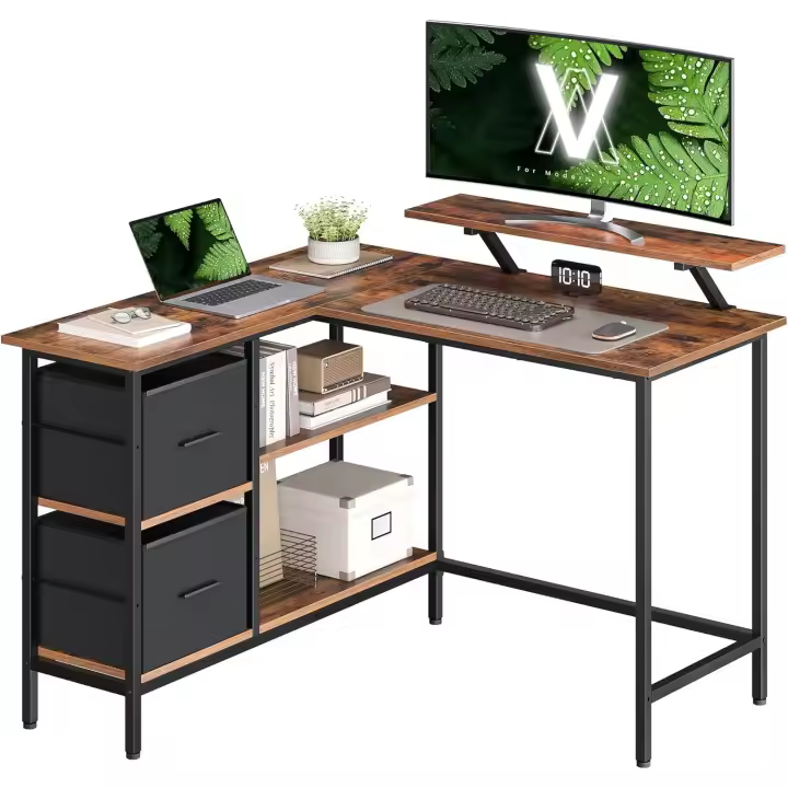 Esquinero, con 2 Cajones Amplios, Mesa con Soporte para Monitor, para Esquina, con Estante - 1