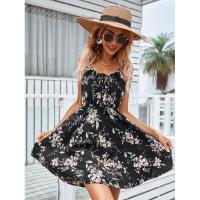 Vestido corto de verano nuevo elegante sin mangas con estampado y correa elástica en la cintura para mujer. - details 8