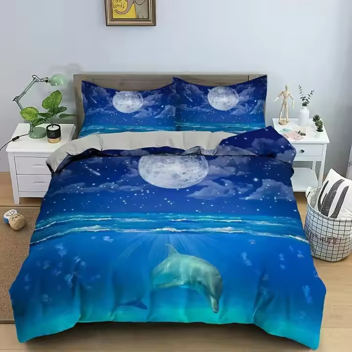 Juego de Ropa de Cama de Delfines en Mar Azul 3D Funda de Edredón de Poliéster para Niños y Adultos - 1