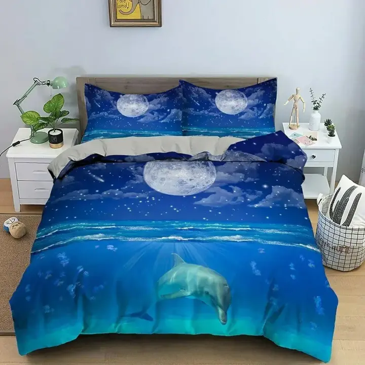 Juego de Ropa de Cama de Delfines en Mar Azul 3D Funda de Edredón de Poliéster para Niños y Adultos - 1