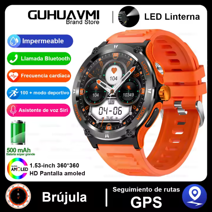 2025 Nuevo Modelo Reloj inteligente Militar Multifuncional Para Hombres Y Mujeres Pantalla AMOLED De 1,53 Pulgadas Equipada Con llamada De Linterna LED Asistente De Voz 100 + Modo  Deportivo Asistente De Salud Brújula  Lmpermeable Batería De 500Ma - 1