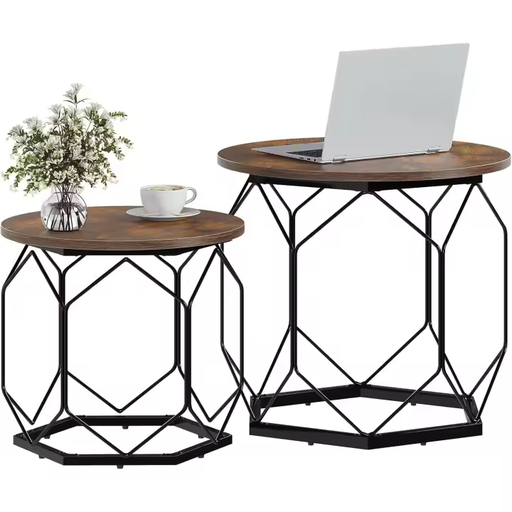 Juego de Mesas de Café de Metal Diseño Redondo Auxiliar con Tablero Ideal para Sala de Estar y Dormitorio Roble Claro y Negro - 1
