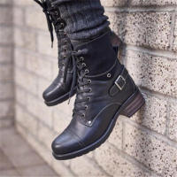2025 Bo tacón corto para mujer, botas casual con punta redonda y correa cruzada, otoño e invierno - details 3