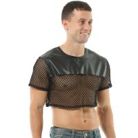 Tops cortos Hombre Malla sexy PU Lencería de cuero Manga corta Músculo Mini chaleco Sujetadores Clubwear Escote en O Traje erótico - details 4
