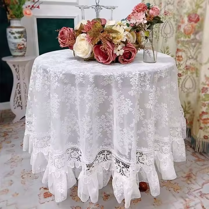 Mantel redondo Ence blanco, juego de mesa hilo, romántico, bordado francés, decoración de boda - 1